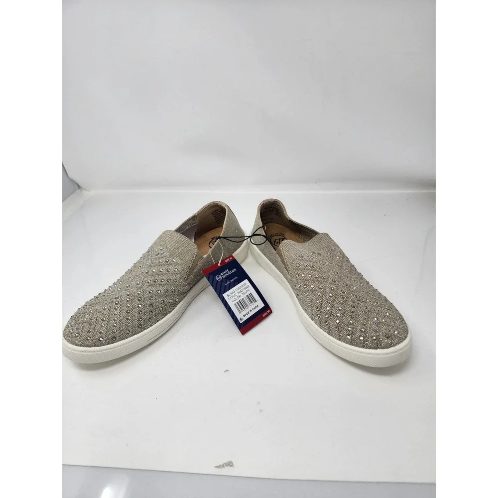 White Mountain Womens Rhinestone Sneaker Tan Metallic Knit Casual Size 10